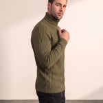 Men's Cream Slim Fit Cable Knit Roll Neck Jumper - Olive Green, side view, full length.