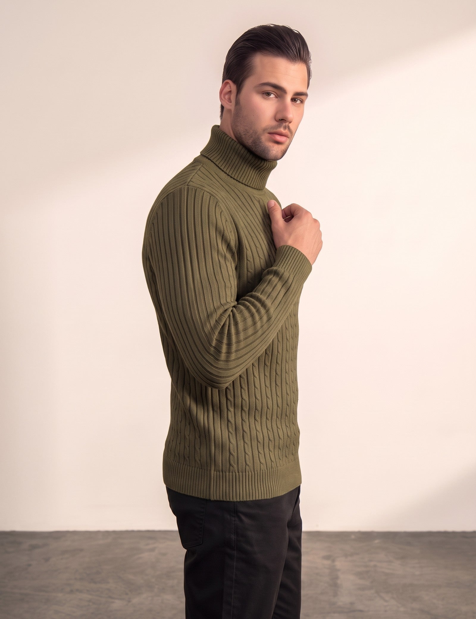 Men's Cream Slim Fit Cable Knit Roll Neck Jumper - Olive Green, side view, full length.