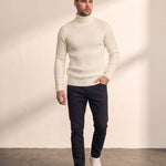 Men's Cream Slim Fit Cable Knit Roll Neck Jumper, front view, full length.