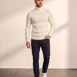 Men's Cream Slim Fit Cable Knit Roll Neck Jumper, front view, full length.
