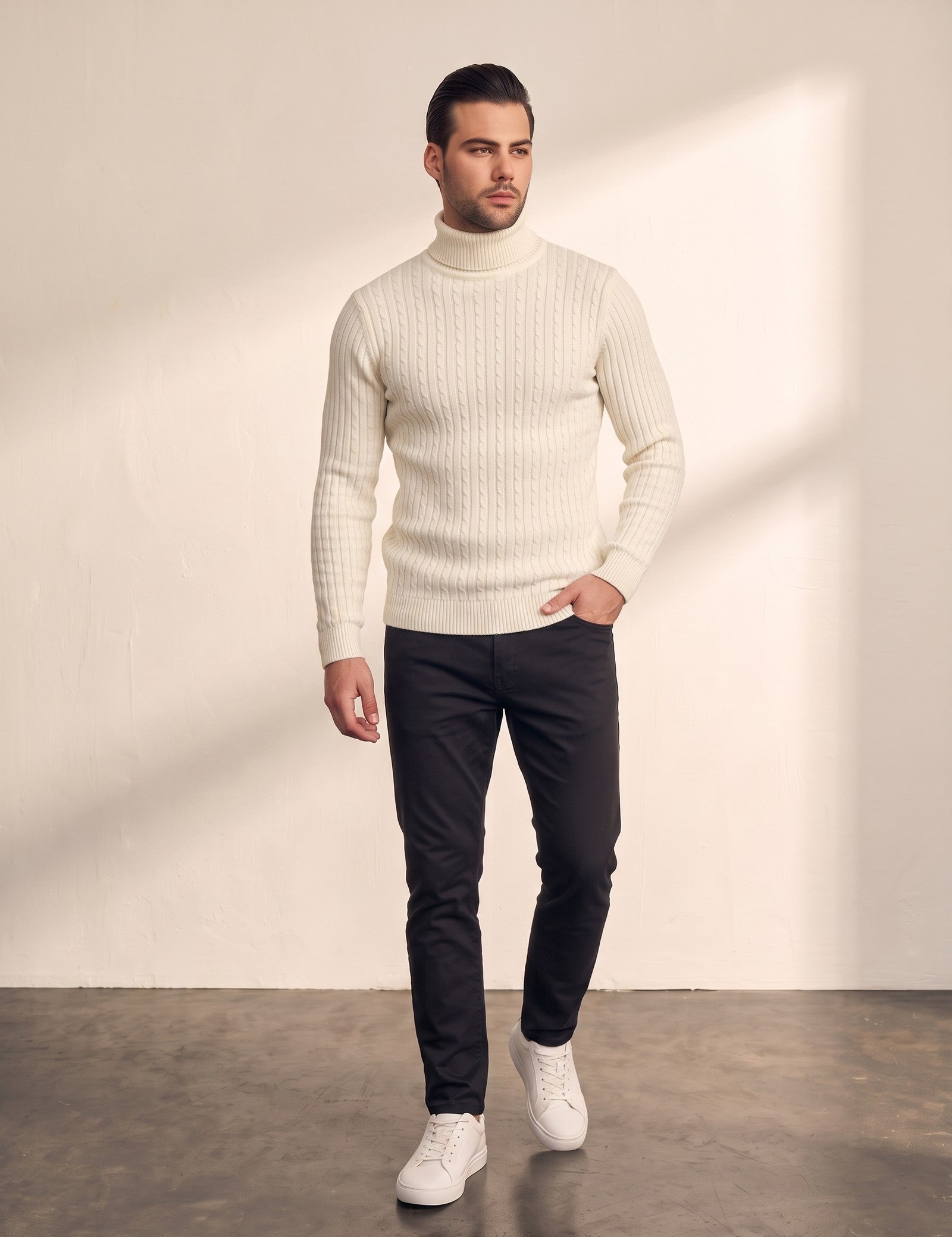 Men's Cream Slim Fit Cable Knit Roll Neck Jumper, front view, full length.
