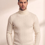 Men's Cream Slim Fit Cable Knit Roll Neck Jumper, close-up of the upper body.