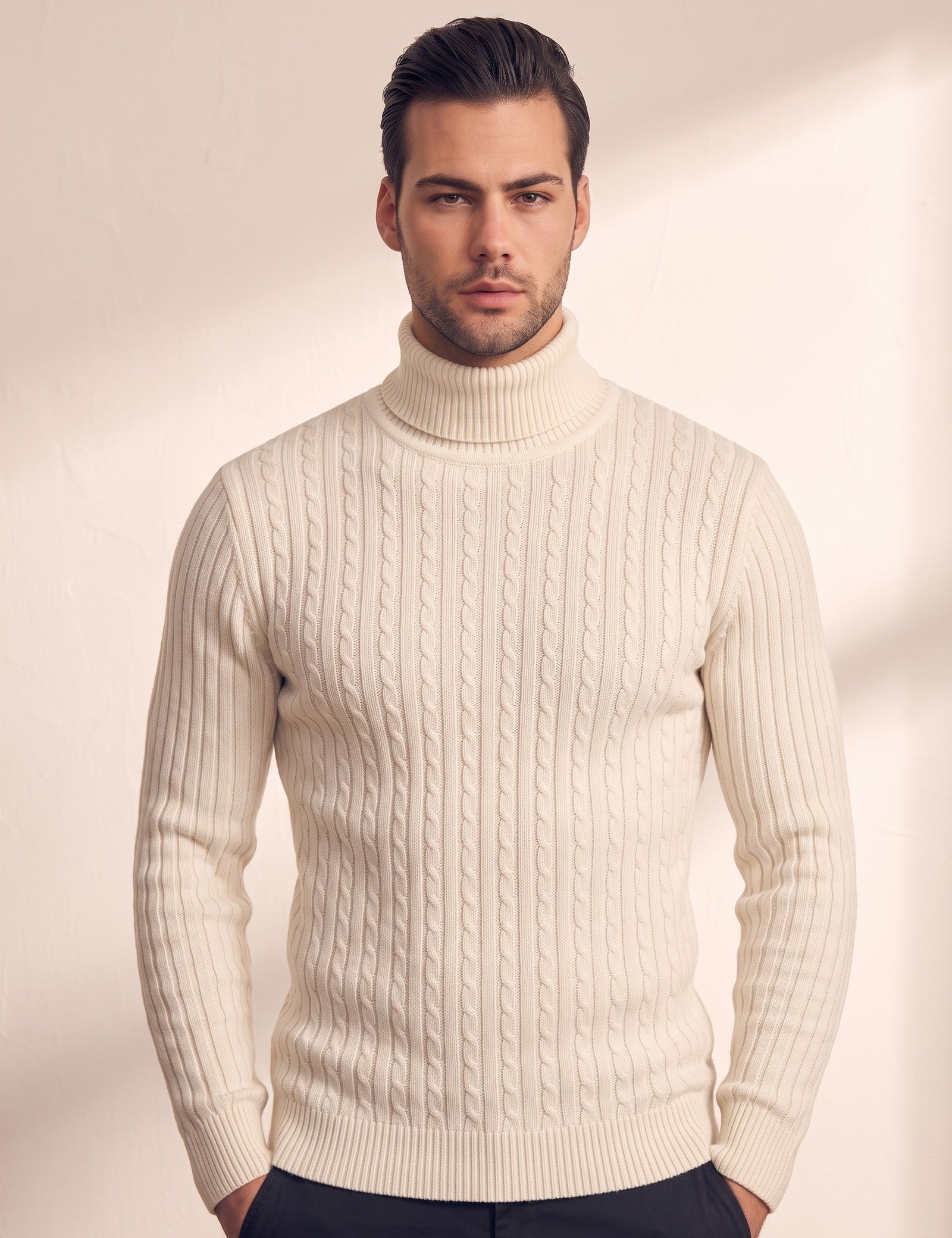 Men's Cream Slim Fit Cable Knit Roll Neck Jumper, close-up of the upper body.
