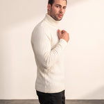 Men's Cream Slim Fit Cable Knit Roll Neck Jumper, side view, full length.