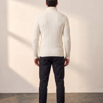 Men's Cream Slim Fit Cable Knit Roll Neck Jumper, back view, full length.