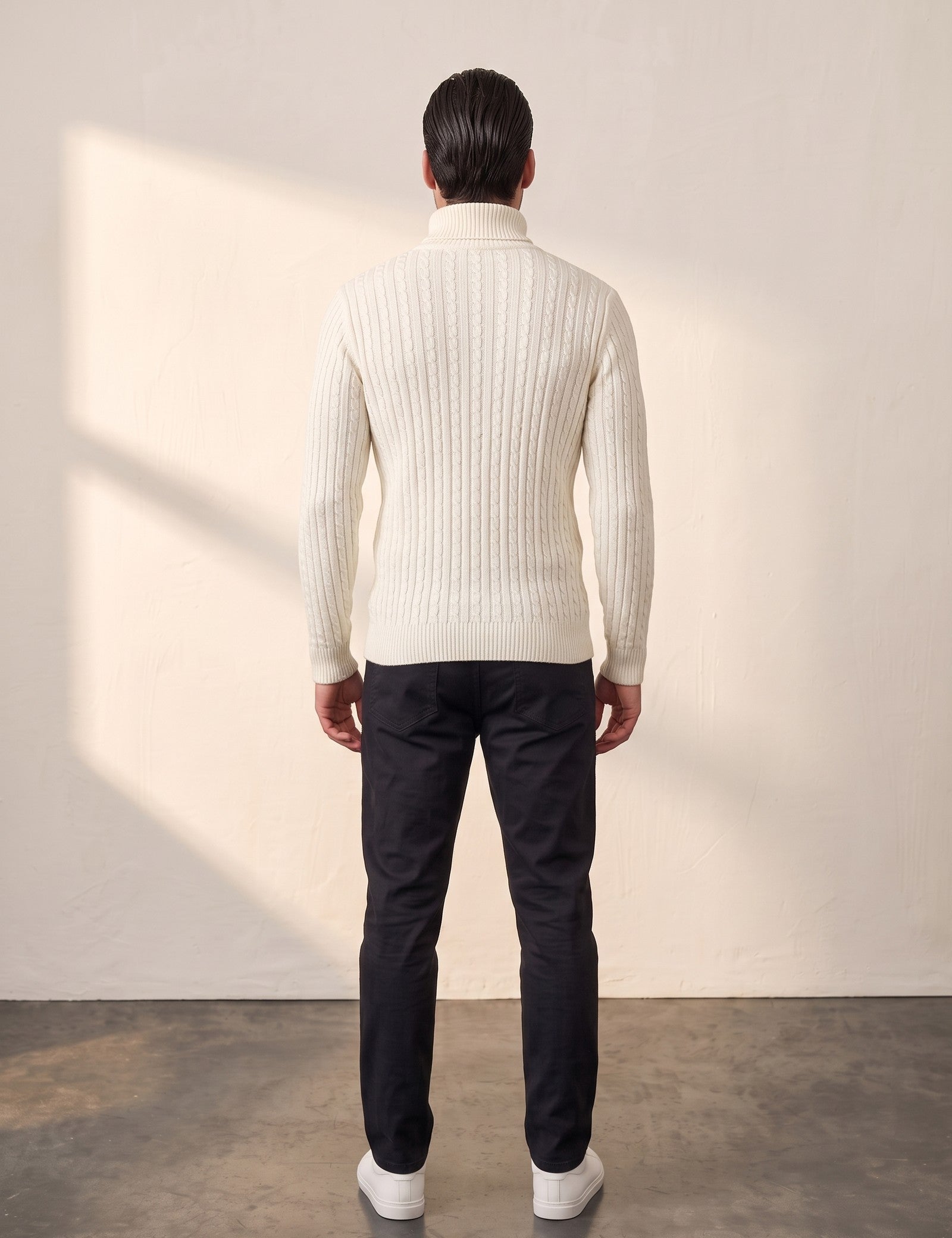 Men's Cream Slim Fit Cable Knit Roll Neck Jumper, back view, full length.
