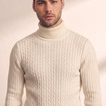 Men's Cream Slim Fit Cable Knit Roll Neck Jumper, close-up of the upper body.