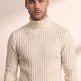 Men's Cream Slim Fit Cable Knit Roll Neck Jumper, close-up of the upper body.