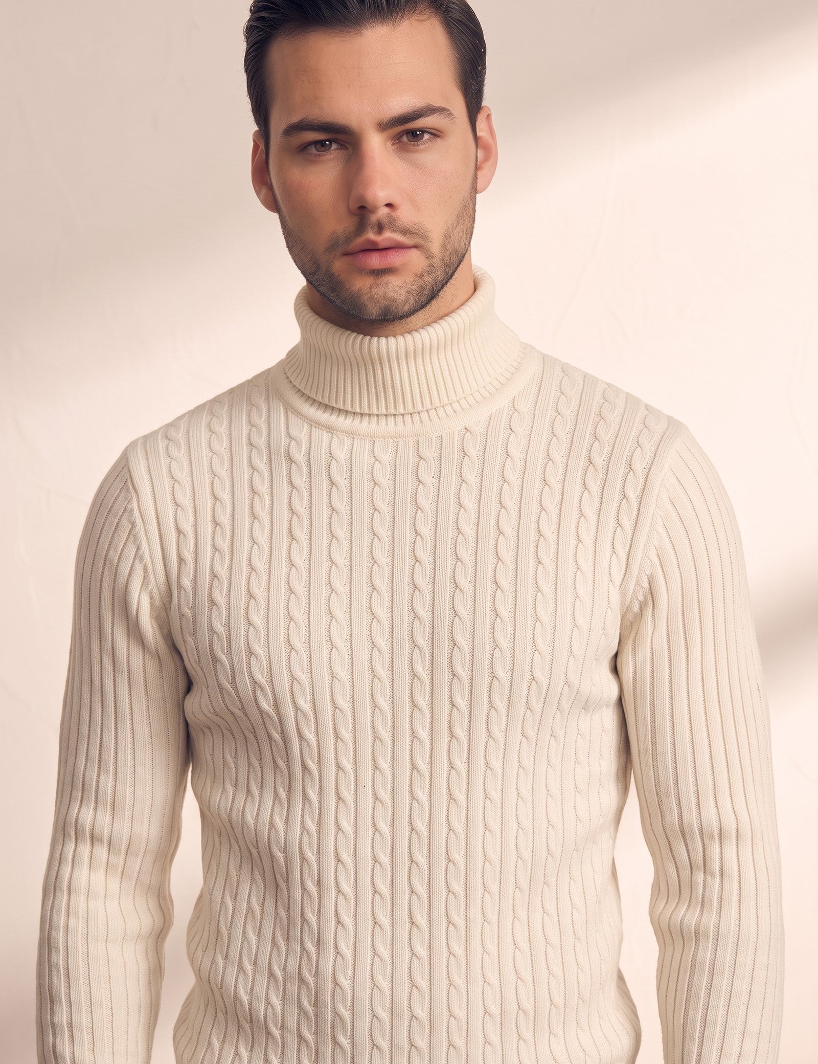 Men's Cream Slim Fit Cable Knit Roll Neck Jumper, close-up of the upper body.