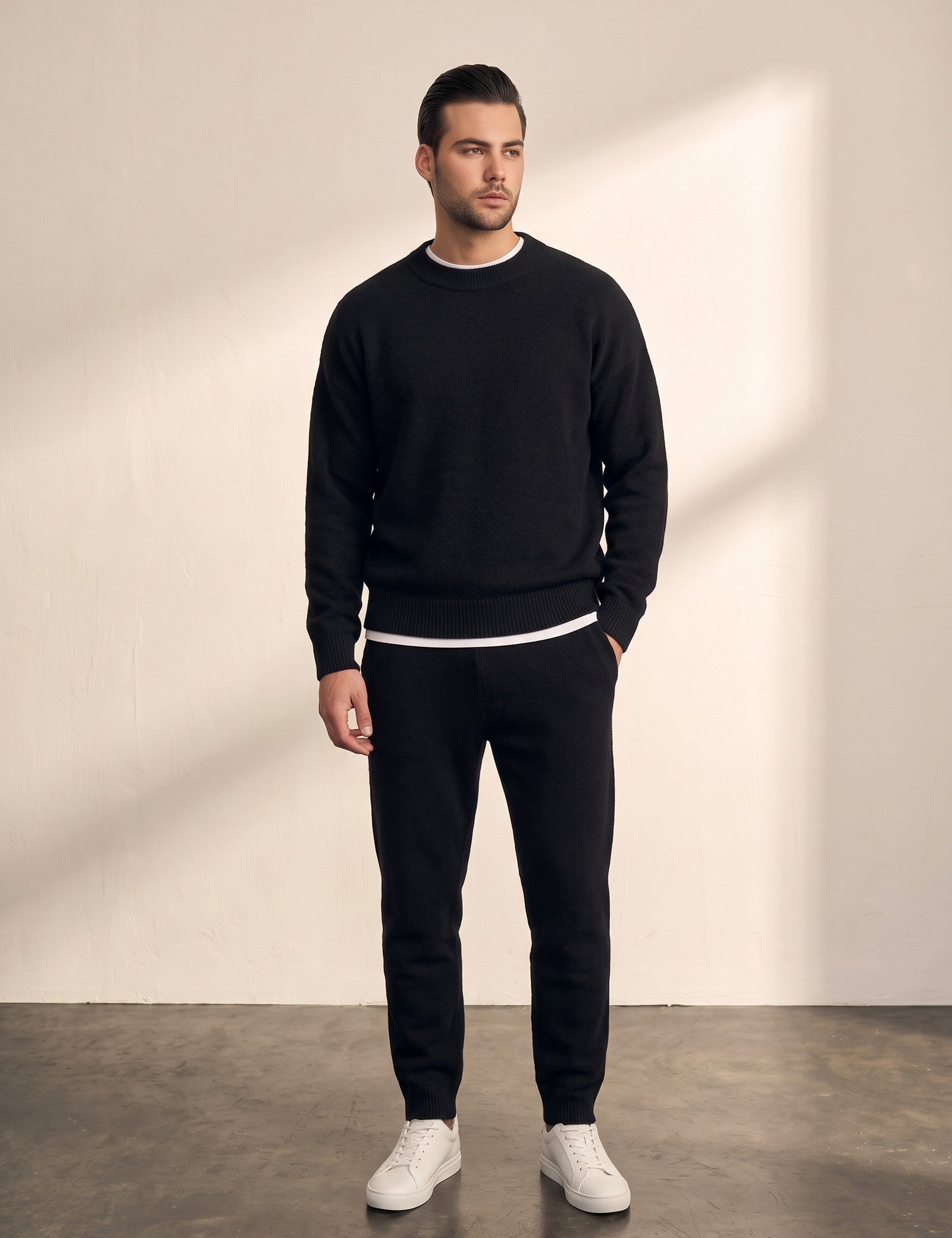 Men's Crew Neck Jumper in Black, front view, full length