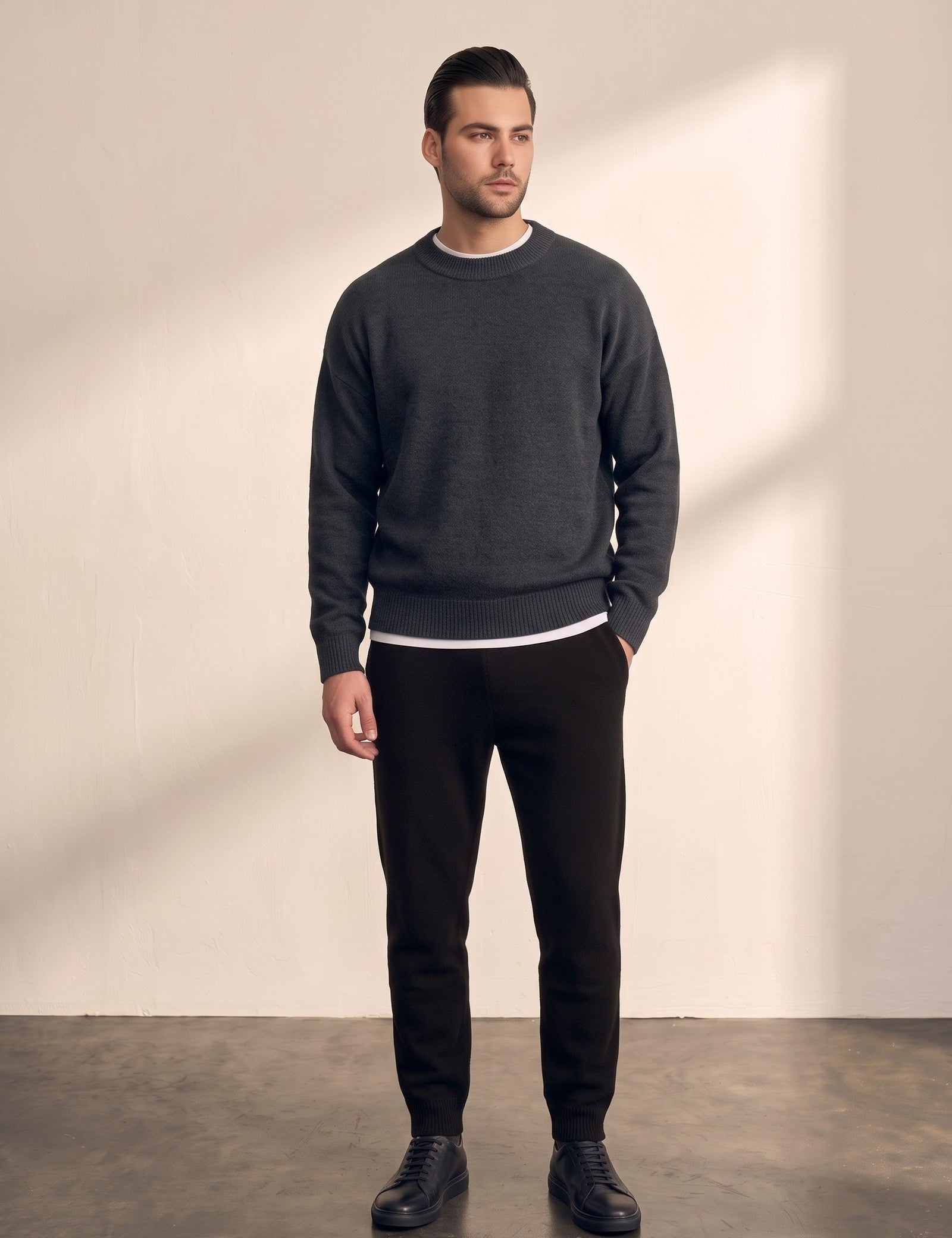 Men's Crew Neck Jumper in Dark Grey, front view, full length