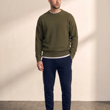 Men's Crew Neck Jumper in Olive Green, front view, full length