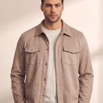 Men's Faux Suede Overshirt with Hidden Snaps, close-up of the upper body