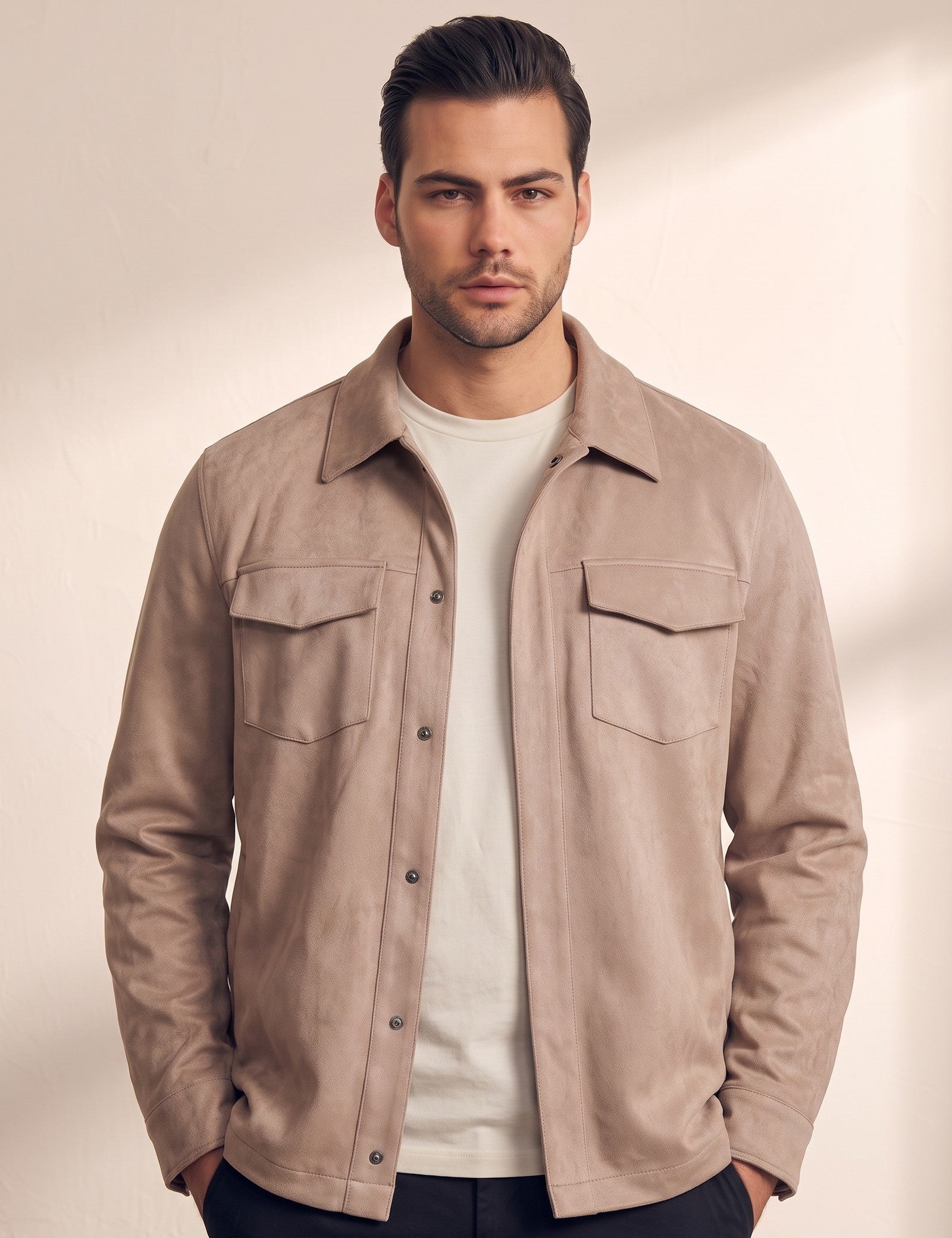 Men's Faux Suede Overshirt with Hidden Snaps, close-up of the upper body