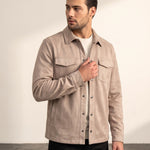 Men's Faux Suede Overshirt with Hidden Snaps, side view, full length