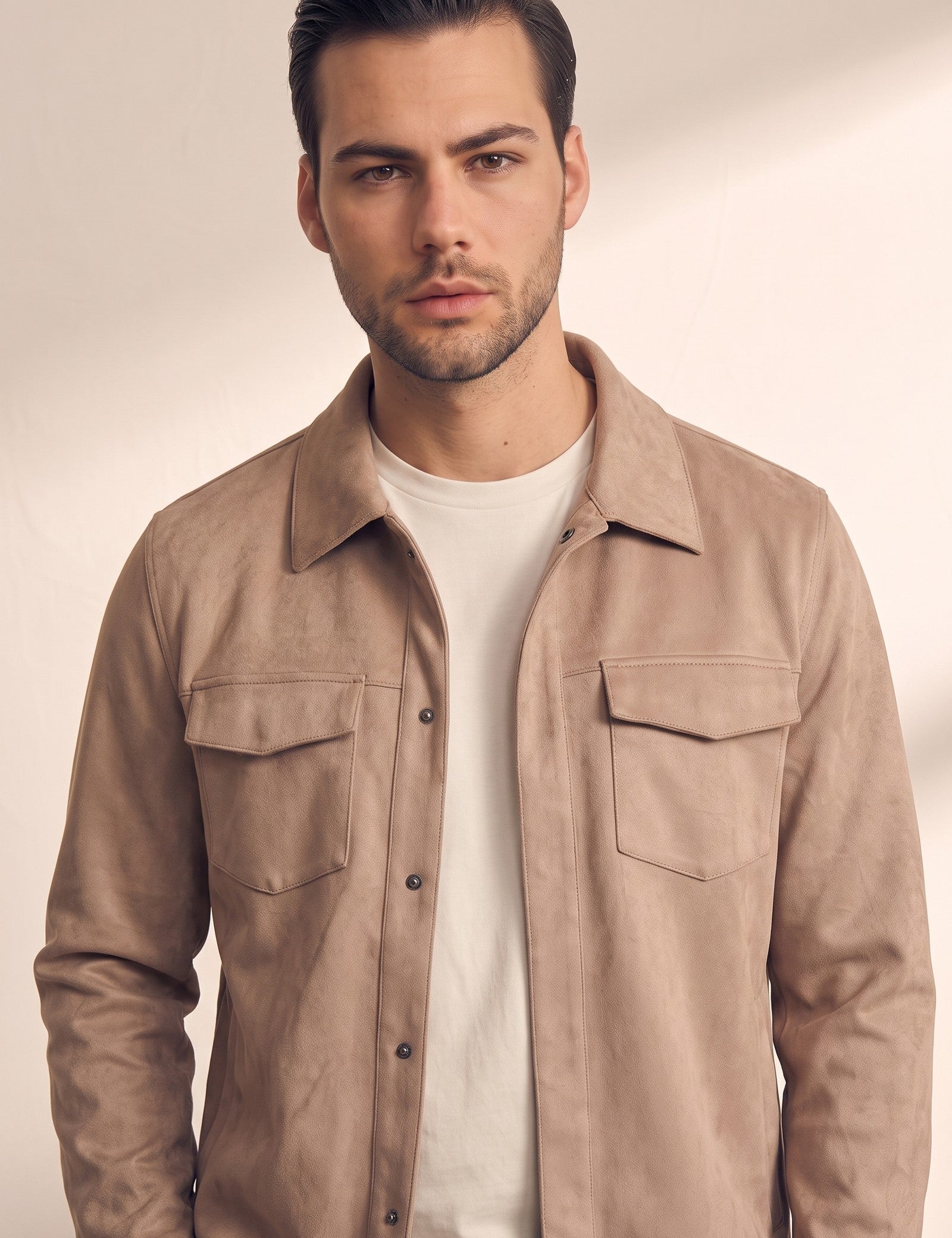 Men's Faux Suede Overshirt with Hidden Snaps, close-up of the upper body