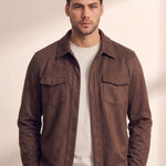 Men's Faux Suede Overshirt with Hidden Snaps, close-up of the upper body