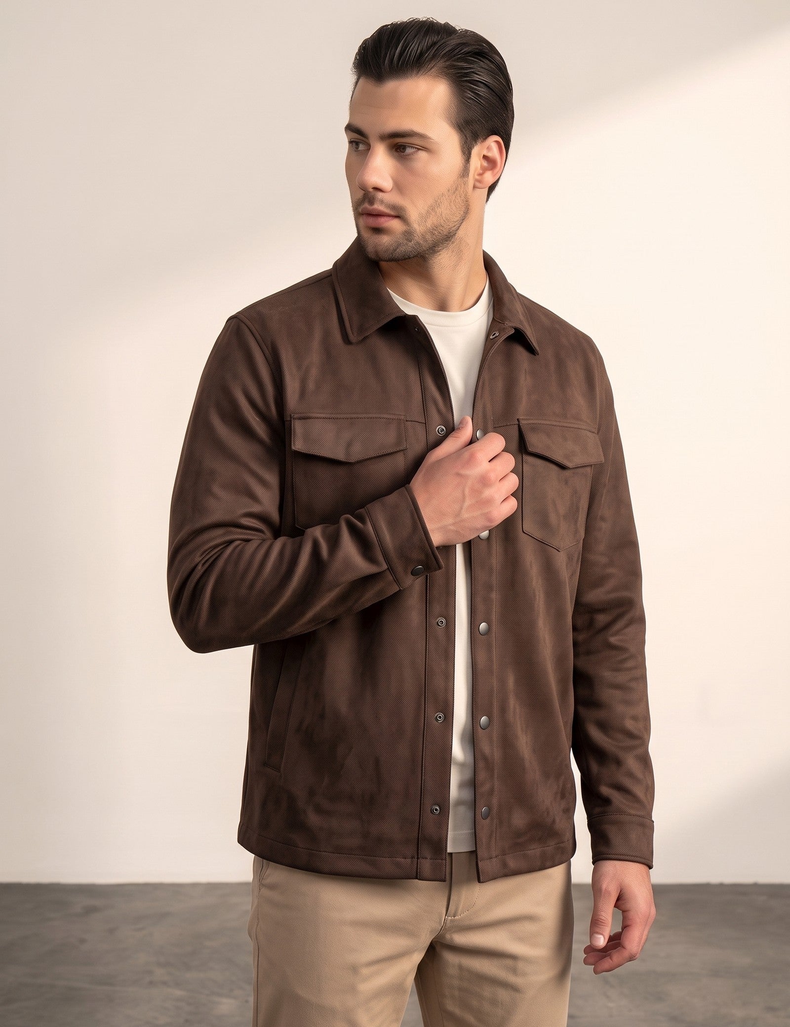 Men's Faux Suede Overshirt with Hidden Snaps, side view, full length