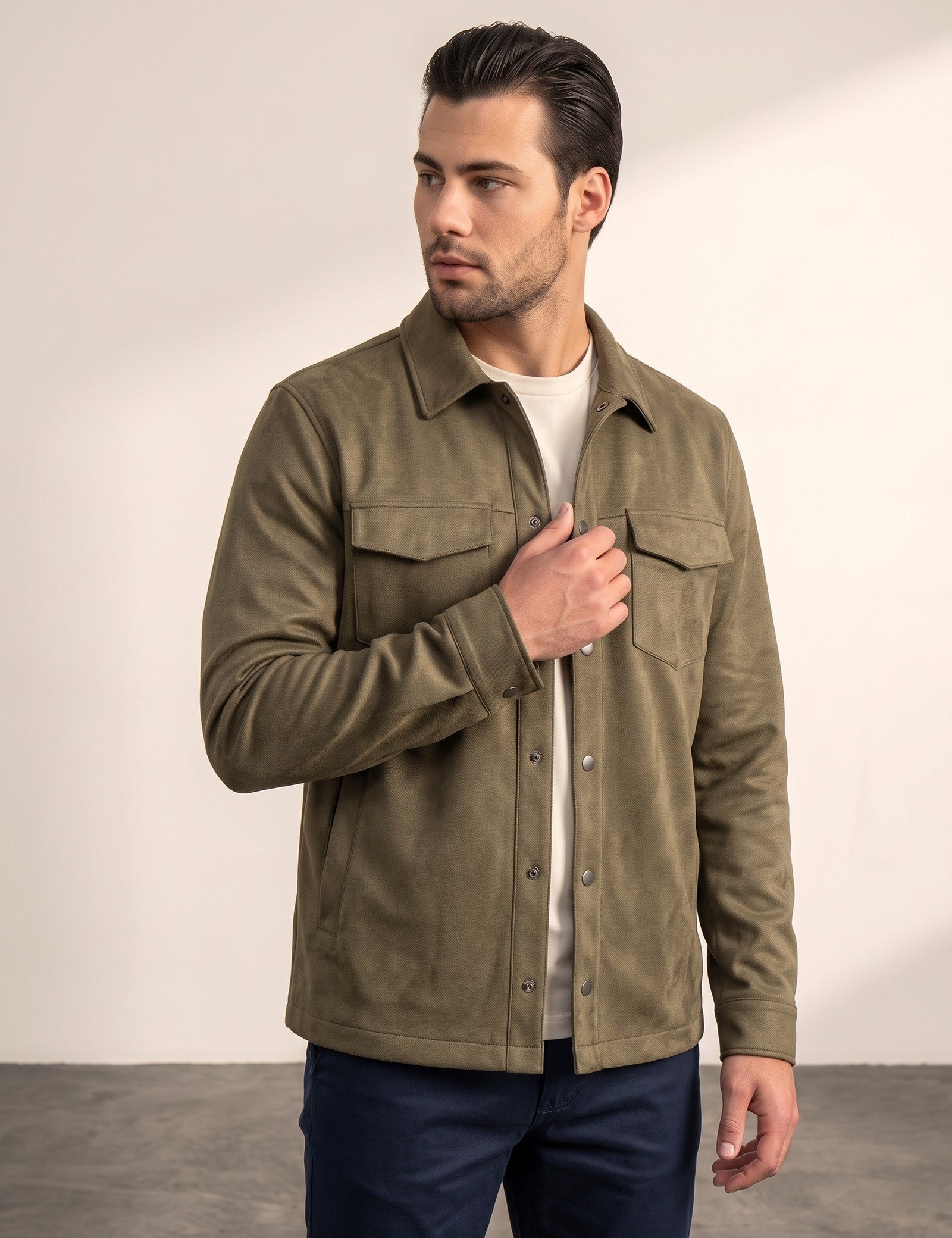 Men's Faux Suede Overshirt with Hidden Snaps, side view, full length