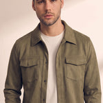 Men's Faux Suede Overshirt with Hidden Snaps, close-up of the upper body