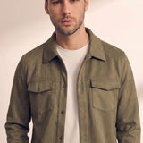 Men's Faux Suede Overshirt with Hidden Snaps, close-up of the upper body