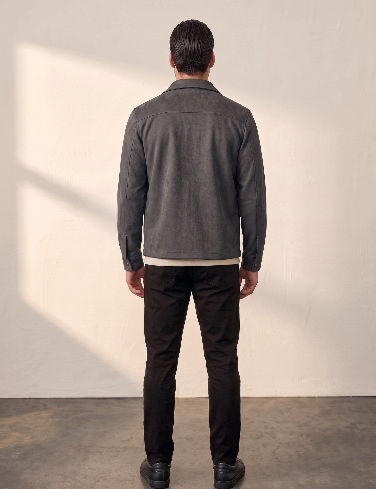 Men's Faux Suede Overshirt with Hidden Snaps, back view, full length