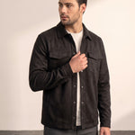 Men's Faux Suede Overshirt with Hidden Snaps, side view, full length