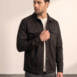 Men's Faux Suede Overshirt with Hidden Snaps, side view, full length