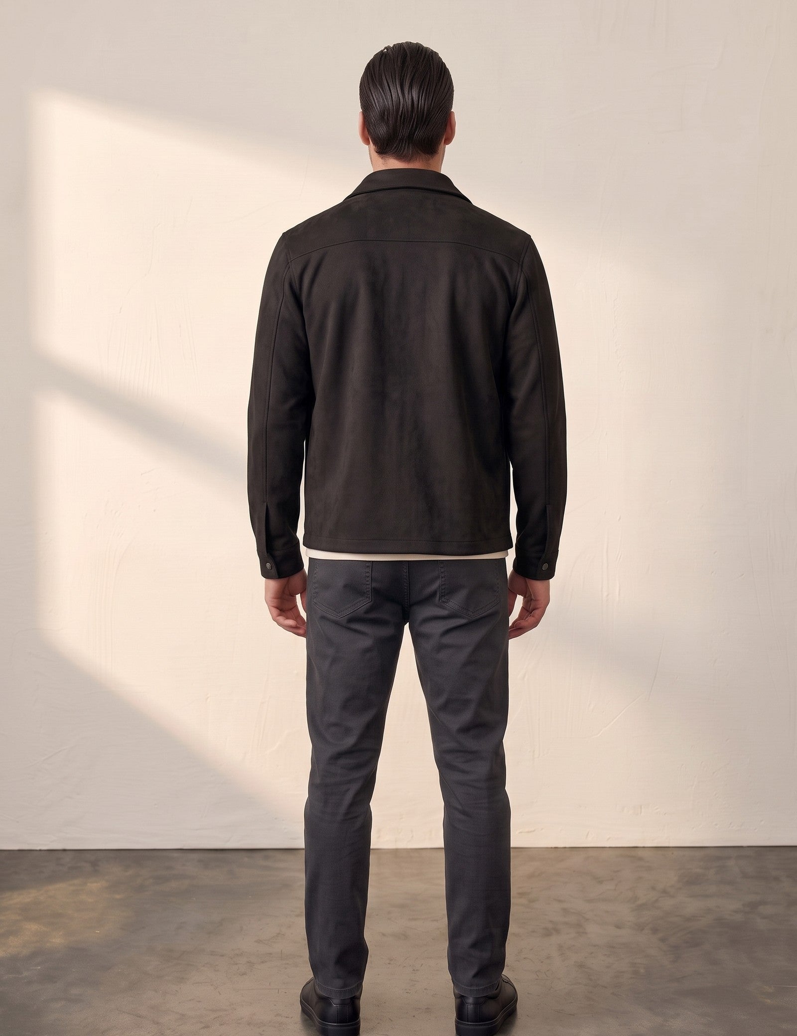 Men's Faux Suede Overshirt with Hidden Snaps, back view, full length