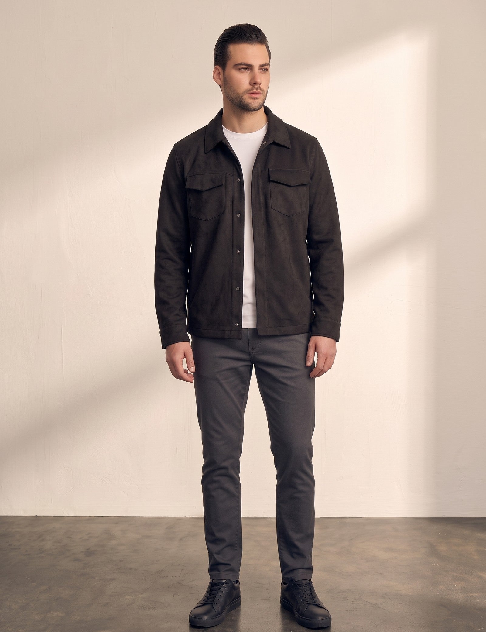 Men's Faux Suede Overshirt with Hidden Snaps, close-up of the upper body