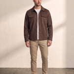 Men's Faux Suede Overshirt with Hidden Snaps in Brown, front view, full length