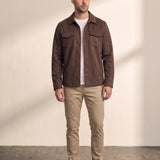 Men's Faux Suede Overshirt with Hidden Snaps in Brown, front view, full length