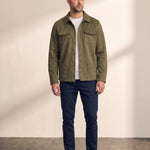 Men's Faux Suede Overshirt with Hidden Snaps in Olive Green, front view, full length