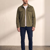 Men's Faux Suede Overshirt with Hidden Snaps in Olive Green, front view, full length