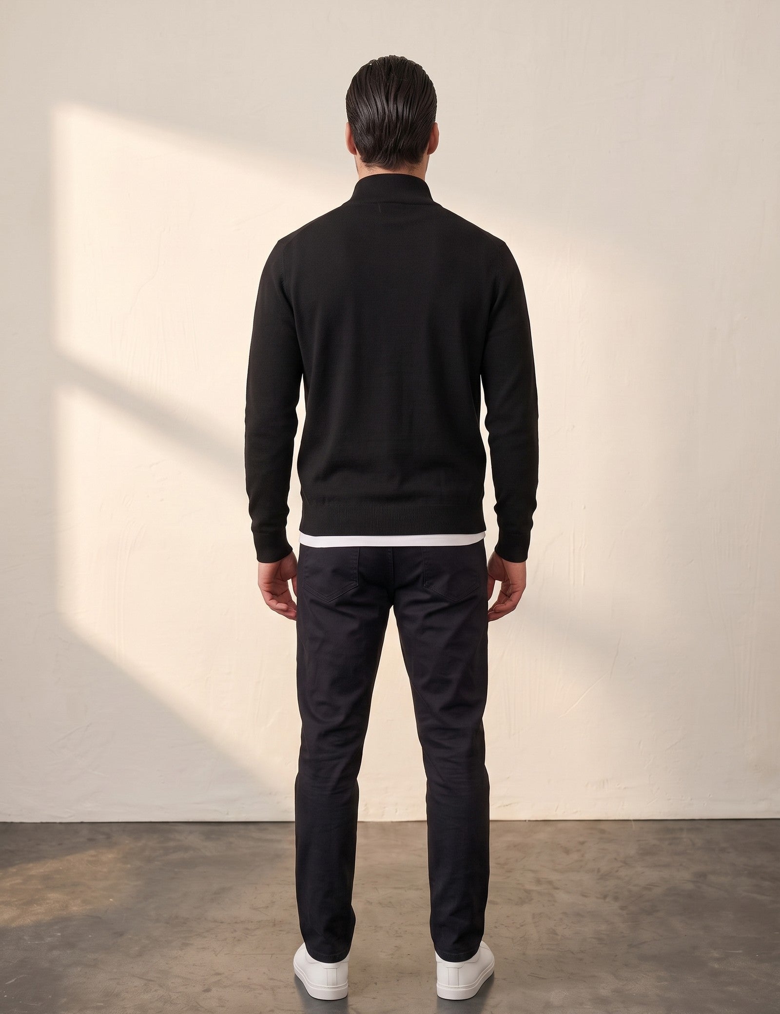 Men's Fine Knit Quarter Zip Jumper, back view, full length