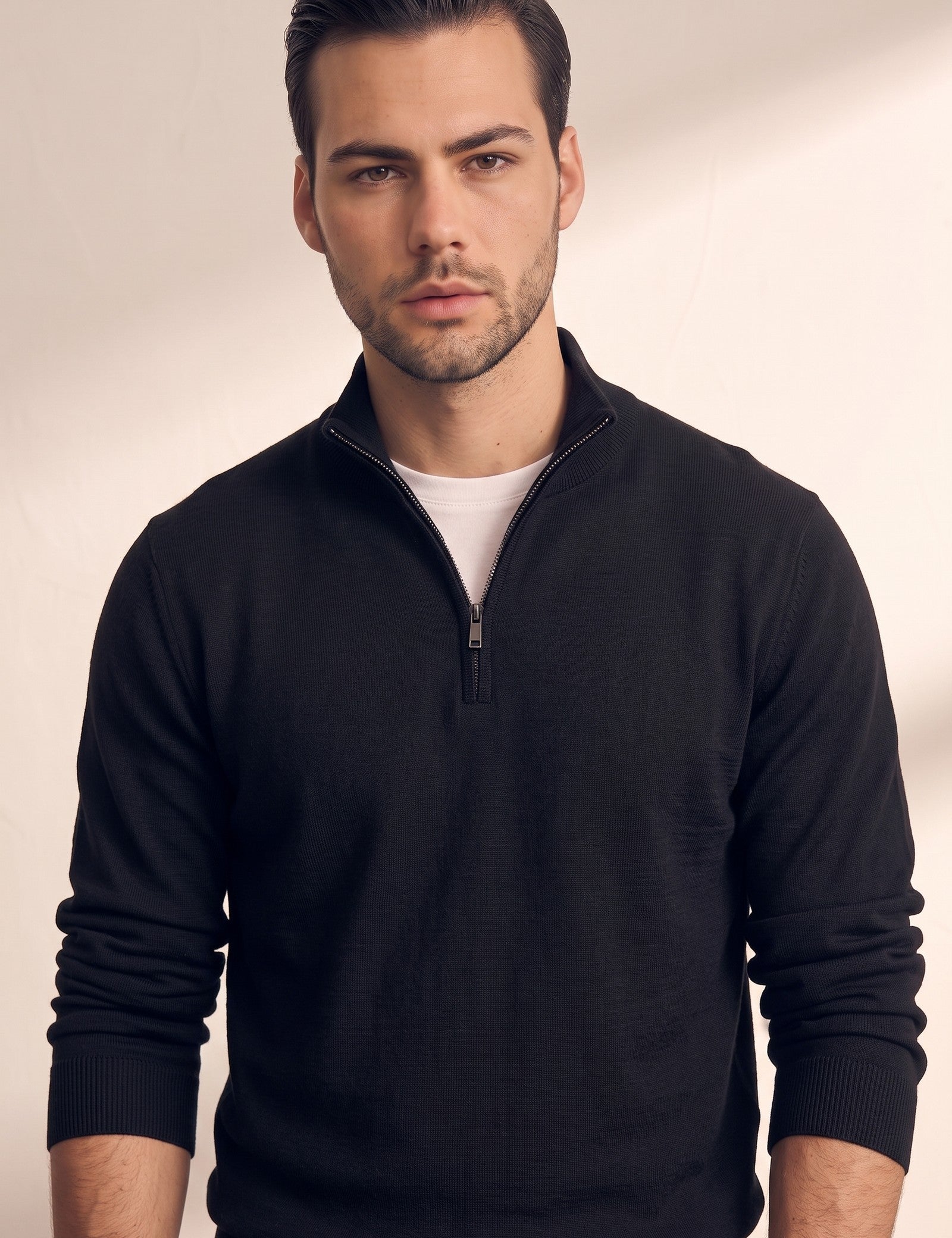 Men's Fine Knit Quarter Zip Jumper, close-up of the upper body