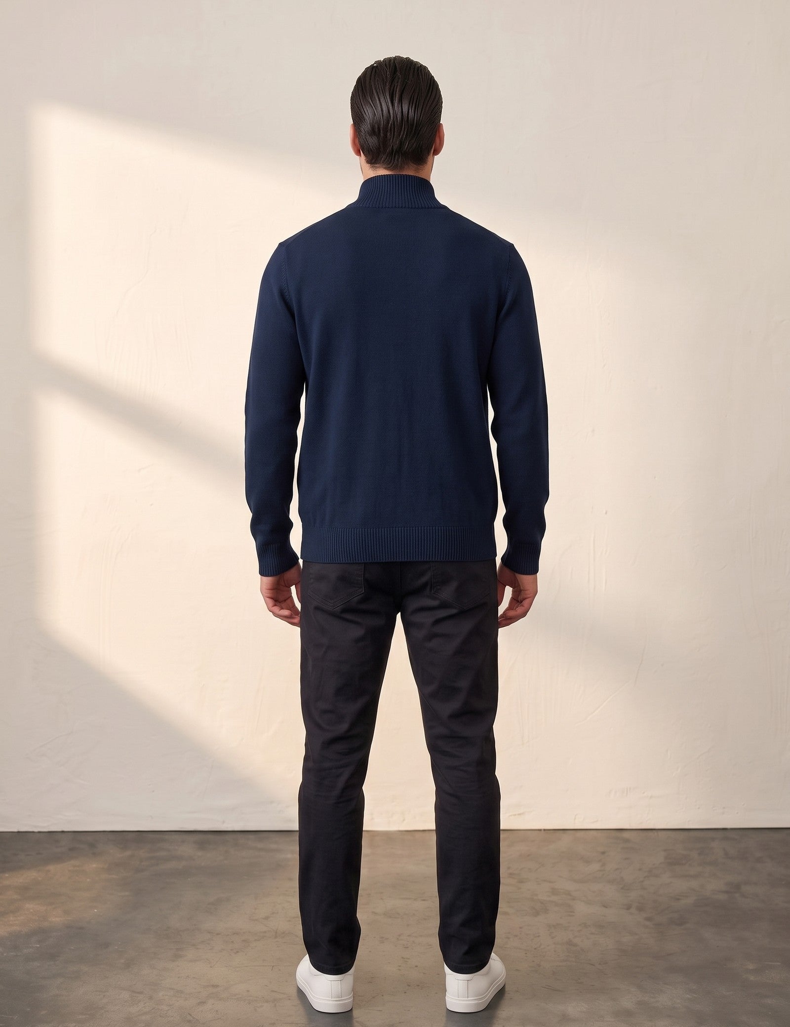 Men's Fine Knit Zip-Through Cardigan, back view, full length