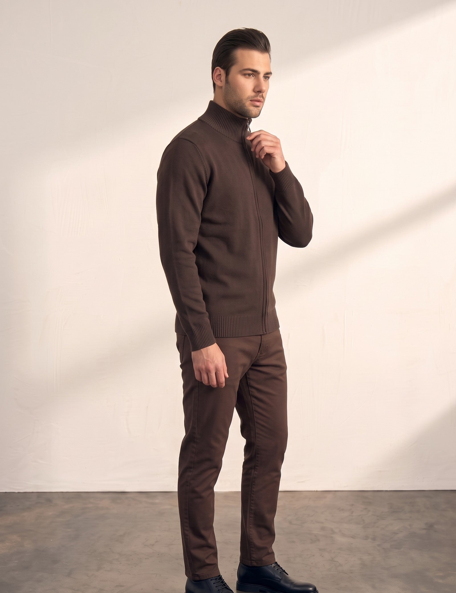 Men's Fine Knit Zip-Through Cardigan, side view, full length