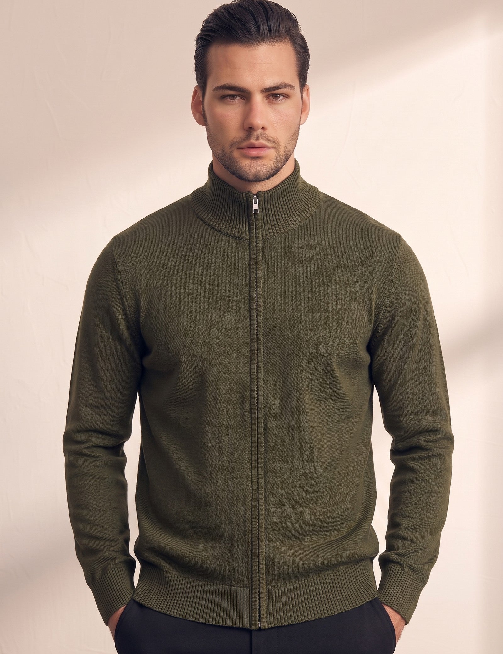 Men's Fine Knit Zip-Through Cardigan, close-up of the upper body