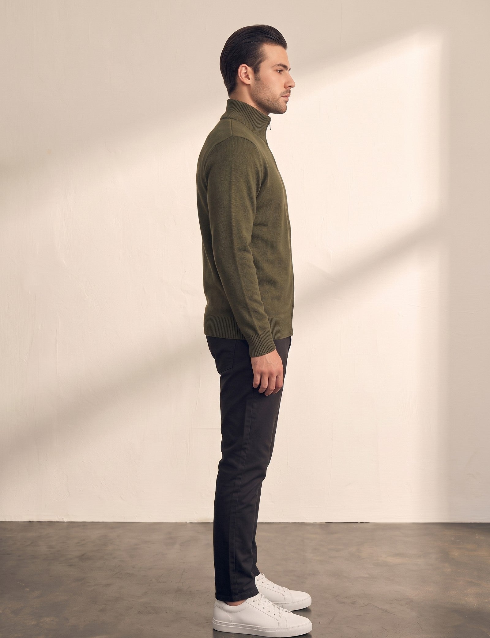 Men's Fine Knit Zip-Through Cardigan, side view, full length
