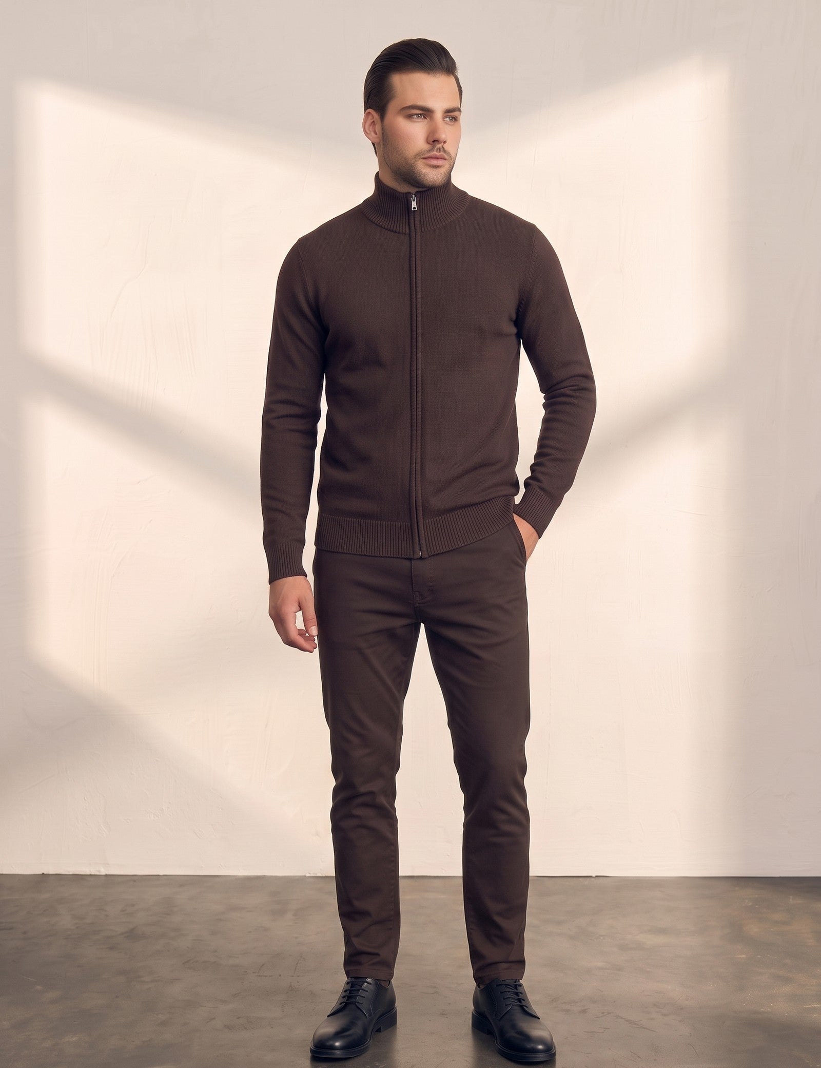 Men's Fine Knit Zip-Through Cardigan in Brown, front view, full length