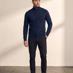 Men's Fine Knit Zip-Through Cardigan in Navy, front view, full length