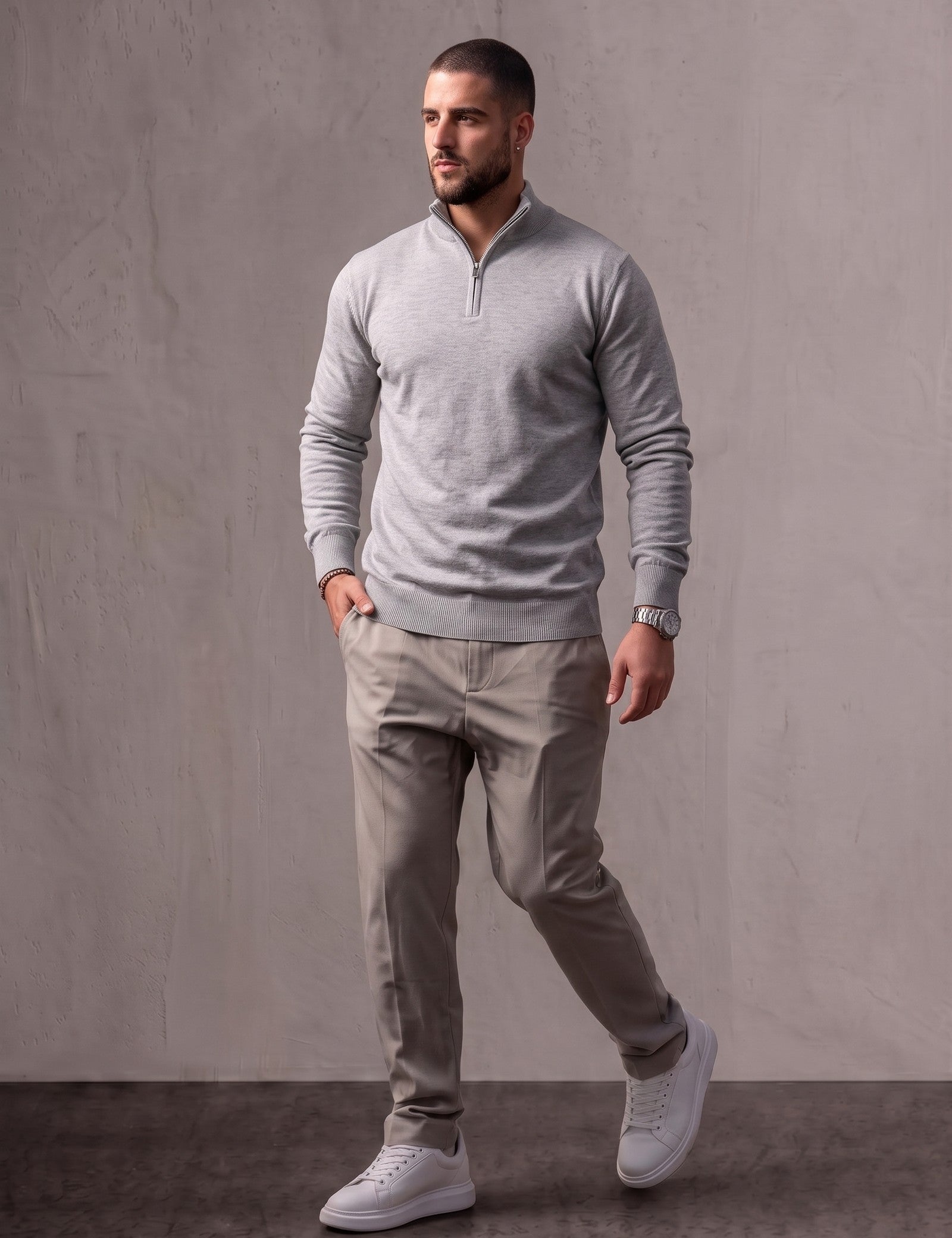 Men's Grey Ribbed Collar Quarter Zip Jumper, three-quarter view from the right, full length