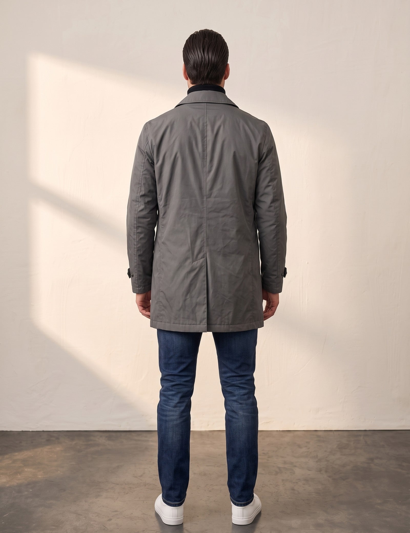Men's Grey Single-Breasted Coat with Pockets, back view, full length.