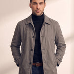 Men's Grey Single-Breasted Coat with Pockets, close-up of the upper body.