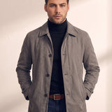 Men's Grey Single-Breasted Coat with Pockets, close-up of the upper body.