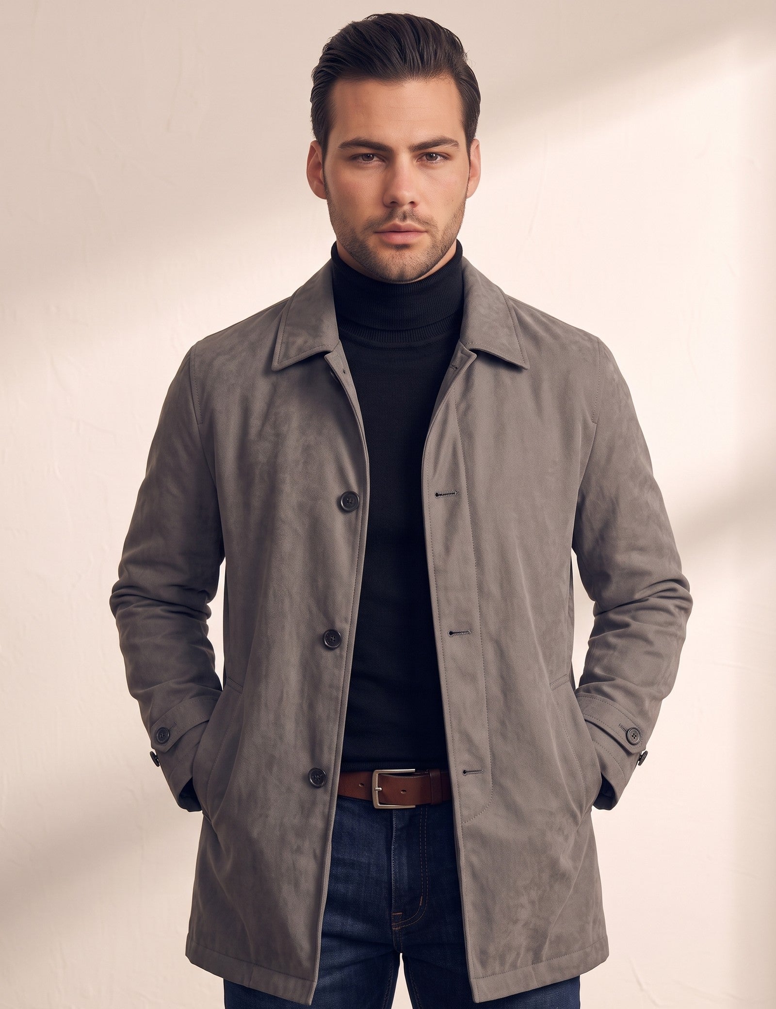 Men's Grey Single-Breasted Coat with Pockets, close-up of the upper body.