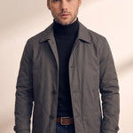 Men's Grey Single-Breasted Coat with Pockets, close-up of the upper body.
