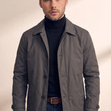 Men's Grey Single-Breasted Coat with Pockets, close-up of the upper body.