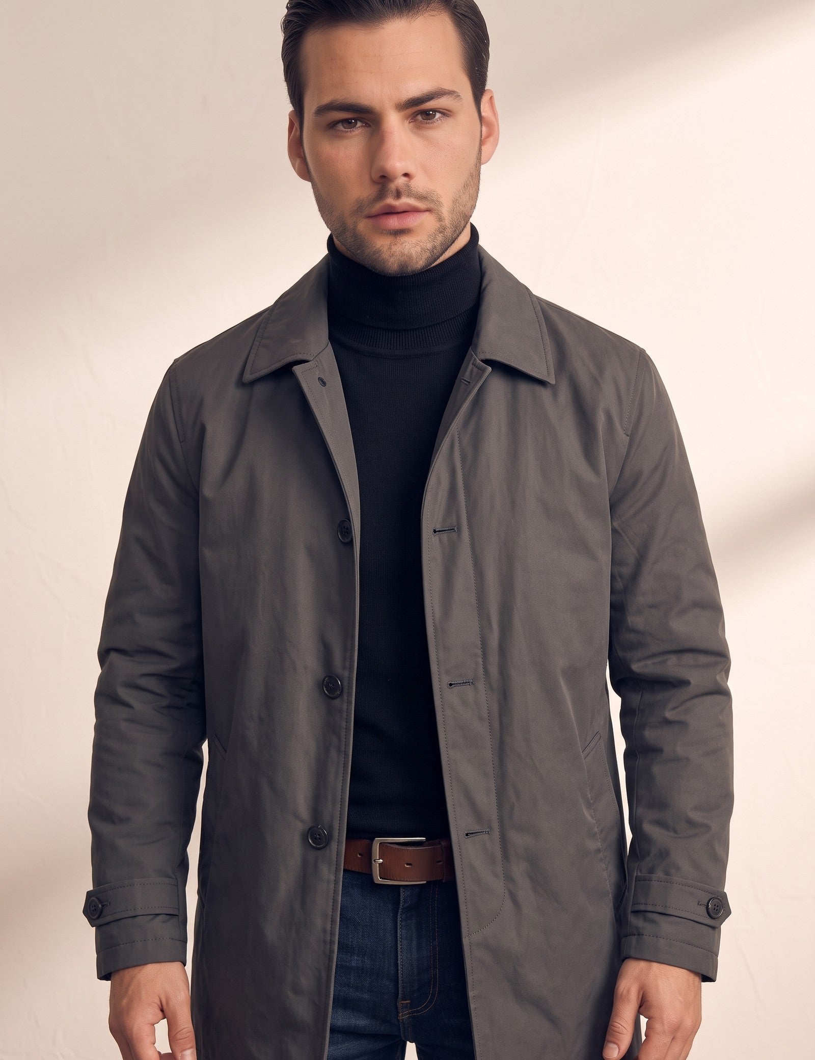 Men's Grey Single-Breasted Coat with Pockets, close-up of the upper body.